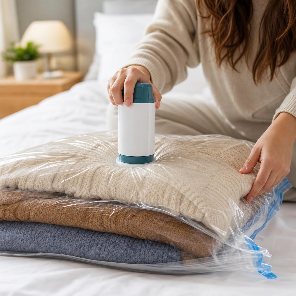 Usando la bomba eléctrica para comprimir ropa